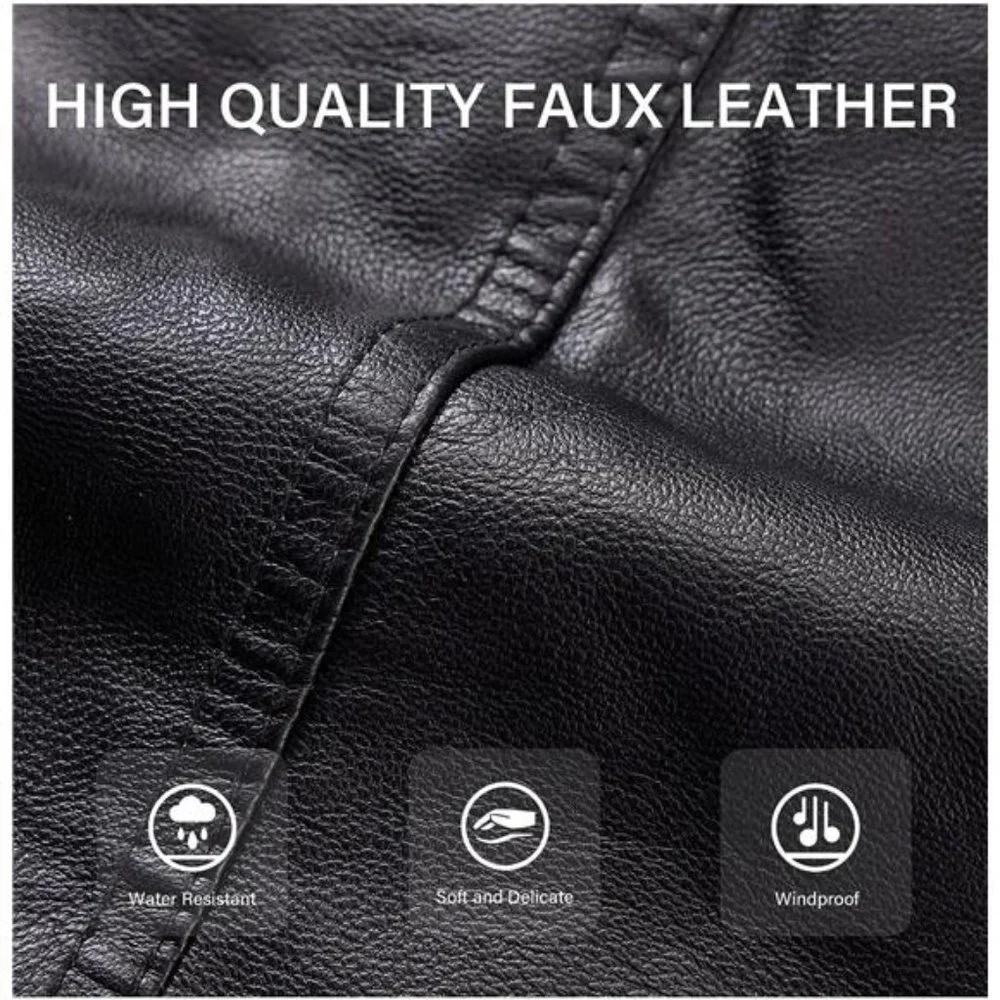 Black Faux Fur Leather Belted Motorcycle Bomber Jacket Sherpa Winter Biker Coat - Picture 9 of 10